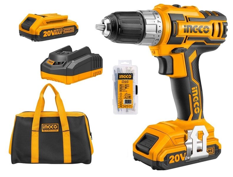 Ingco - Cordless Drill, 2 x 2Ah Batteries, Charger, Bag &amp; Accessory Set