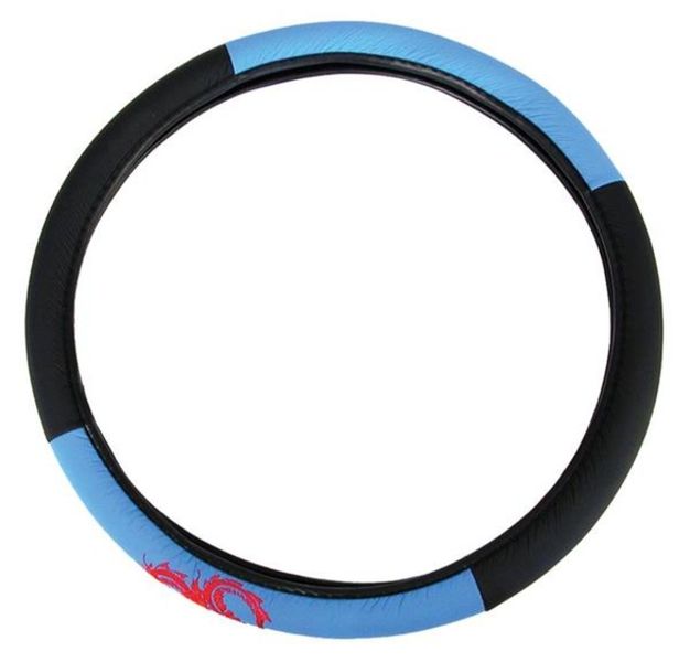 Blue and Black Steering Wheel Cover with Dragon Insignia