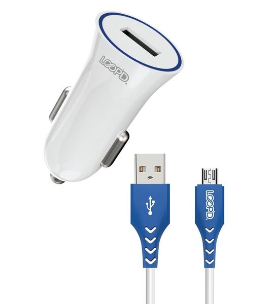 LOOP'D 1 Port 2.1A Car Charger With Micro USB Cable - White