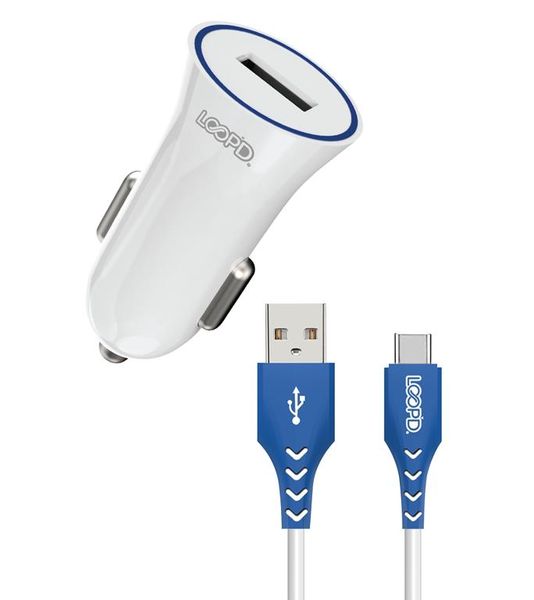 LOOP'D 1 Port 2.1A Car Charger With Type C Cable - White