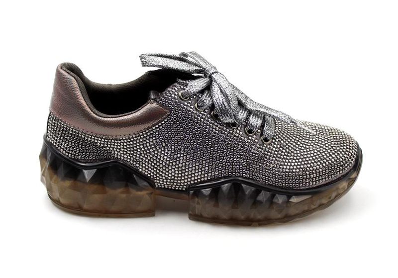 LaMara Raven Runway Glitter-faux Leather Platform Trainers Pewter