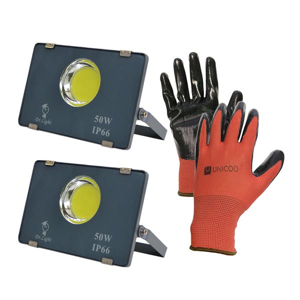 Unicoo Gloves and 2 Dr Light FLM 50W Slim COB LED Flood Lights Value Pack