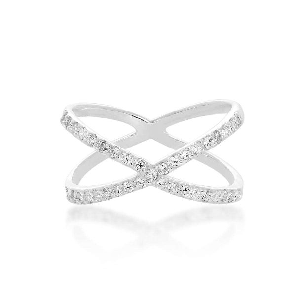 Sterling Silver &amp; Clear CZ Crystal Criss Cross Ring