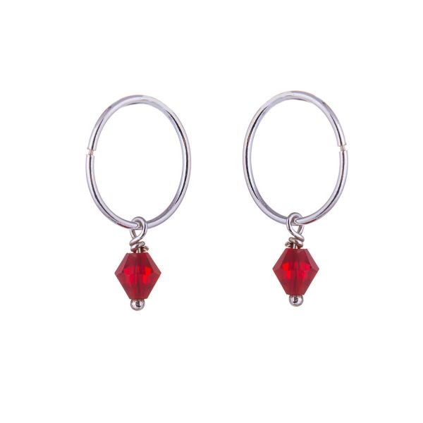 Silver Red CZ Bead Charm Hoop 12mm Earrings