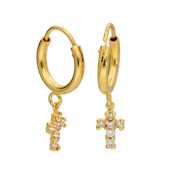 Gold Plated Silver 12mm Hoop Earrings &amp; Cross
