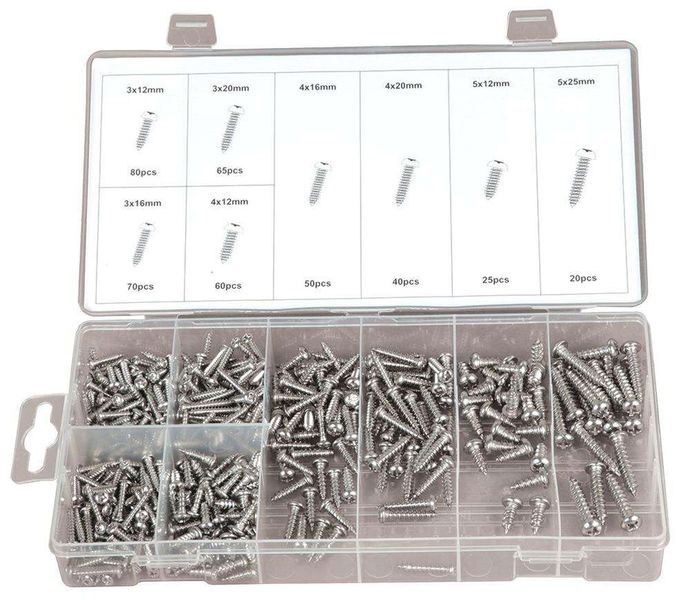 Duratool: Self Tapping Screw Set - Stainless Steel - 8 Sizes - 410 Pcs - D01884