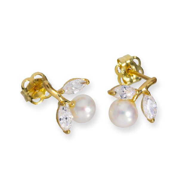 9ct Gold amp Pearl Flower w Clear CZ Crystal Leaves Stud Earrings