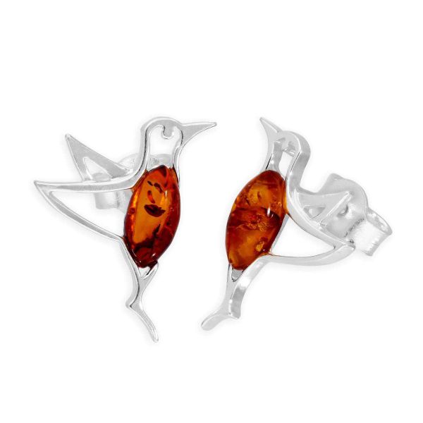 Sterling Silver &amp; Baltic Amber Hummingbird Stud Earrings