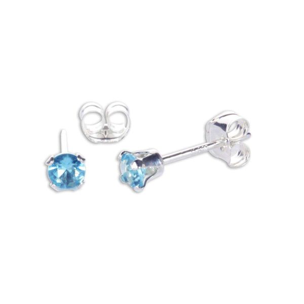 Sterling Silver Aquamarine CZ 3mm Round Stud Earrings
