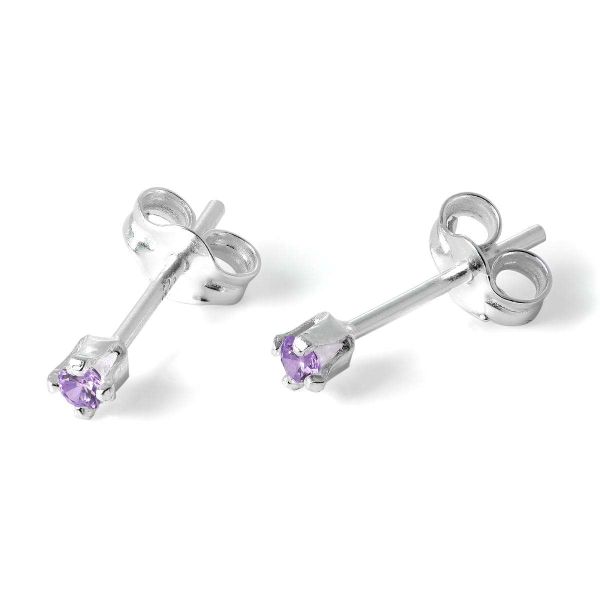 Sterling Silver amp 2mm Round Amethyst CZ Crystal Stud Earrings