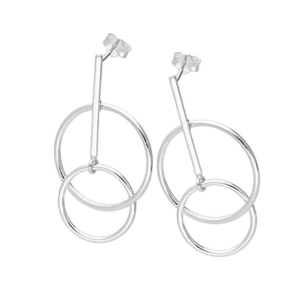 Silver Double Circle Bar Stud Earrings