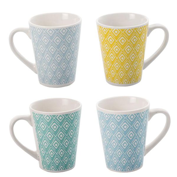 Diamond Design Ceramic Mug V Shape In Four Colours - Set of 12- 320ml
