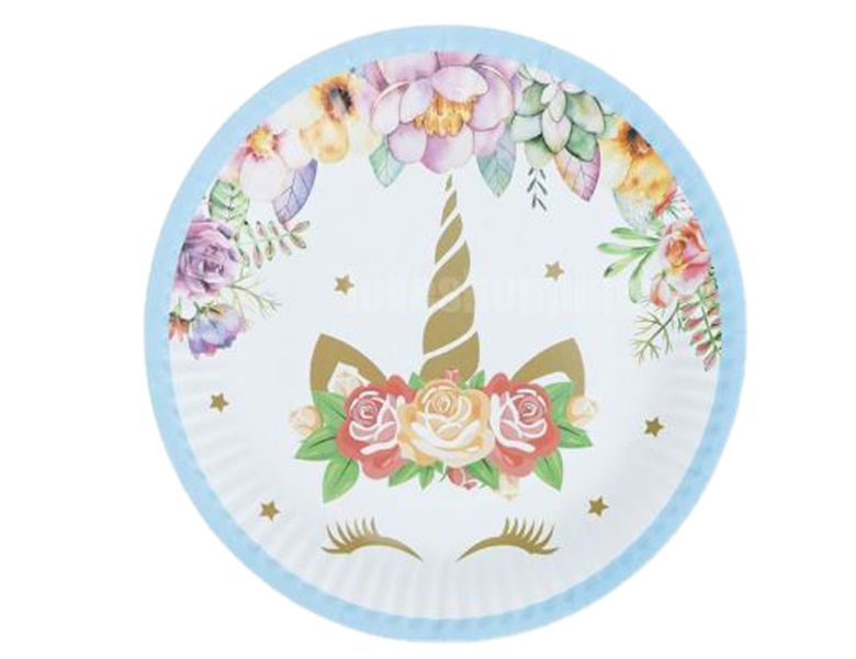 G4A - Round Paper Plate - Flower Unicorn Blue Rim - Set of 20