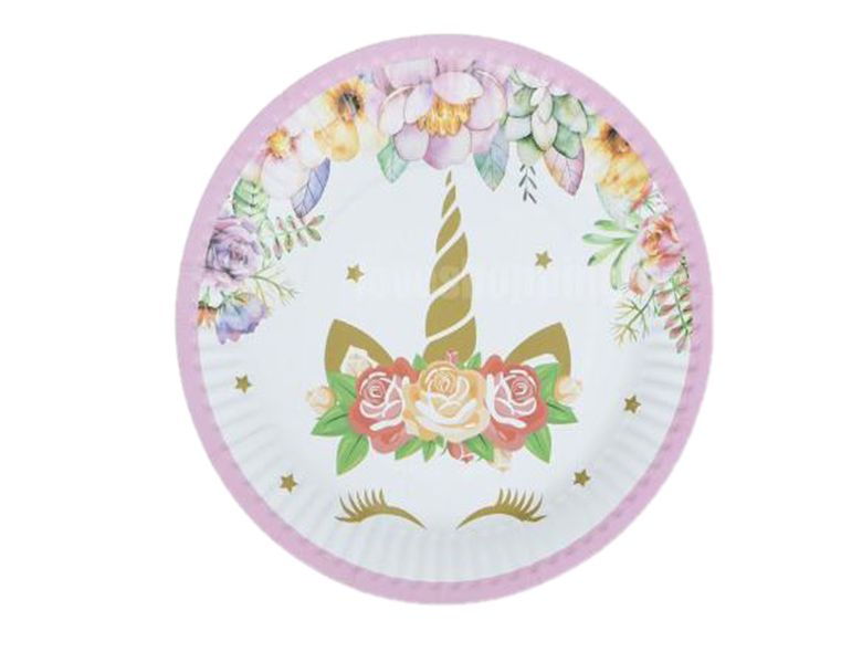 G4A - Round Paper Plate - Flower Unicorn Pink Rim - Set of 20