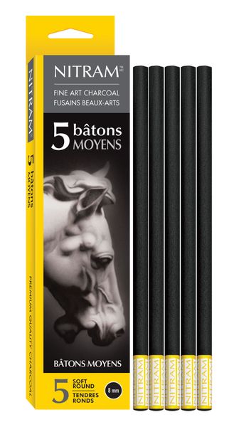 Nitram Bâtons Épais Moyen - Extra Soft Charcoal, Round, 8mm, Pkg of 5