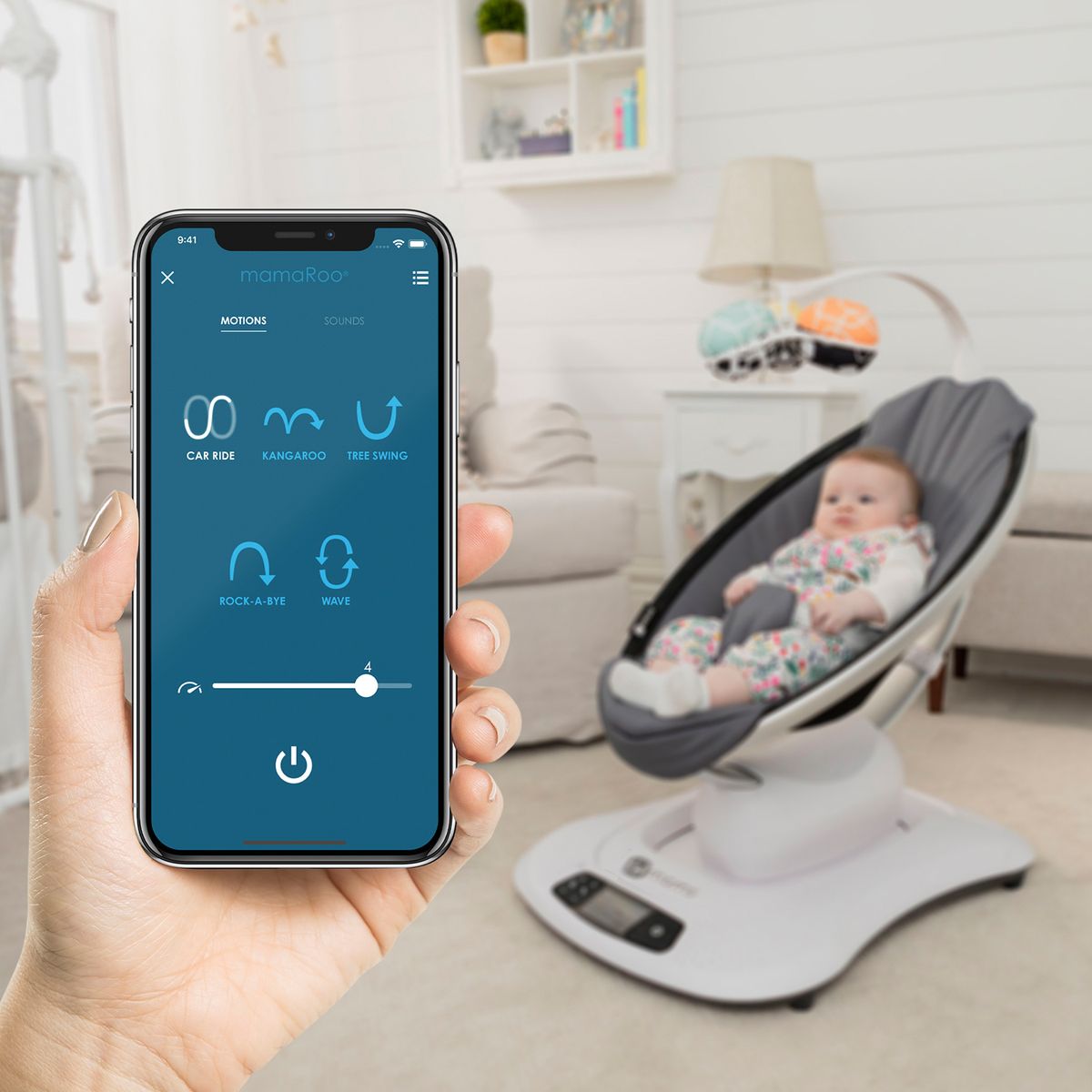 4moms mamaRoo 4 Bluetooth-Enabled high-tech Baby Swing Plush Fabric with 5 Unique motions Soft 